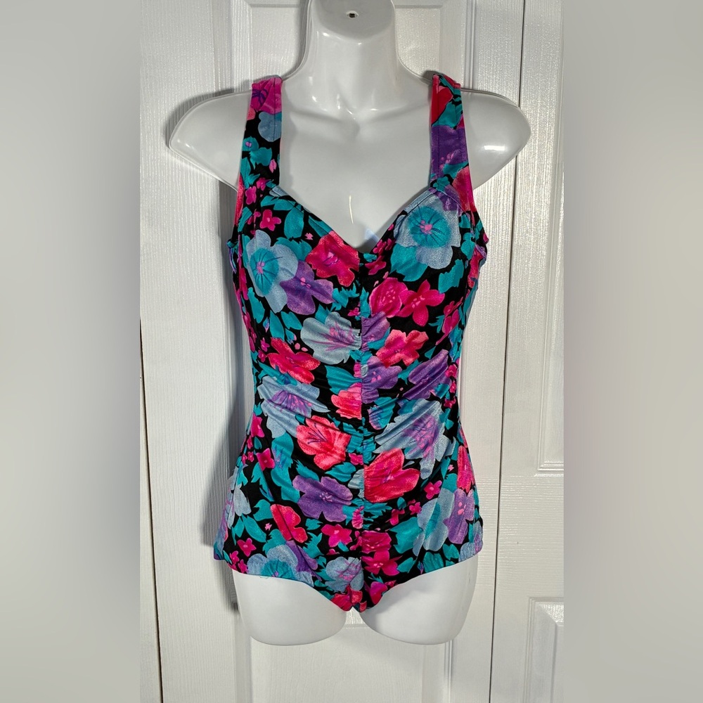 Vintage Le Cove Floral Front Ruching One Piece Swimsuit